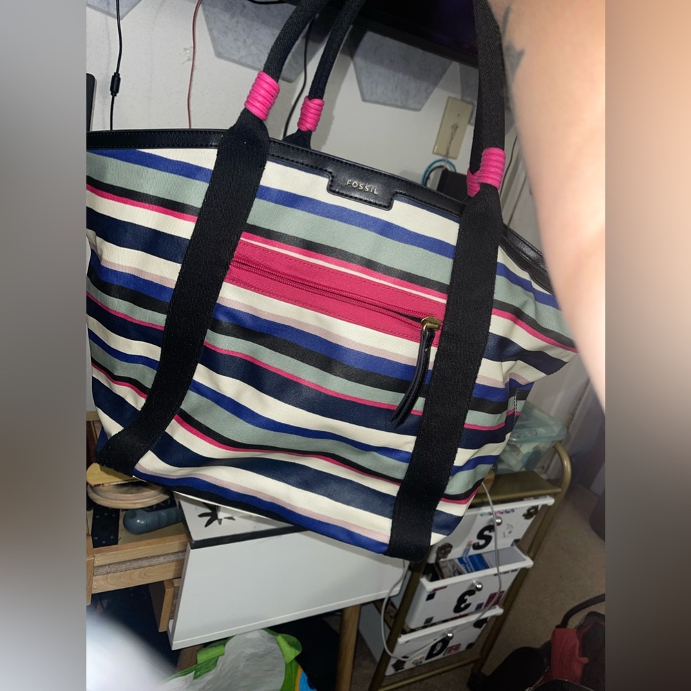 Blue Multi Stripe Eliza Fossil Beach Bag /Tote